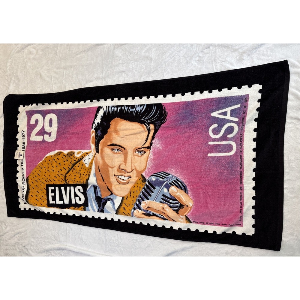 Vintage 1992 ELVIS Presley Postage Stamp Beach Swim Bath Towel NEW w/Tags One Sz